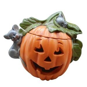 Halloween Ceramic Jack O'Lantern Pumpkin & Mice w/Lid Hand Painted 5" 1985